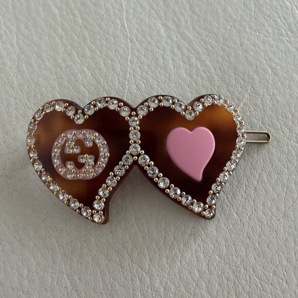 NEW GUCCI  Interlocking G Hearts Hair Clip $500 Brown Crystal main image 5